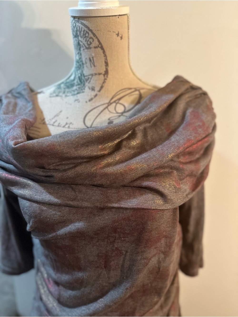 Draped Off-Shoulder Ruched Top in Heathered Taupe